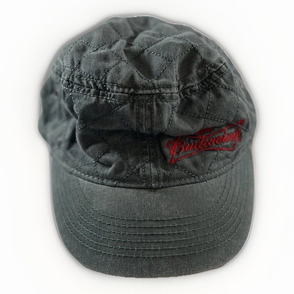 Budweiser Quilted Military Cadet Hat Gray Red Satin Lined EST 1876 Logo OSFM